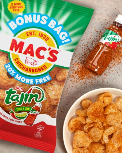 Mac's® Tajin Pork Skins Bonus Bag Perspective: top