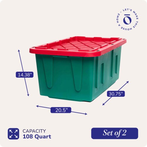 HOMZ Durabilt 27 Gallon Heavy Duty Holiday Storage Tote, Green/Red (2 Pack) Perspective: top