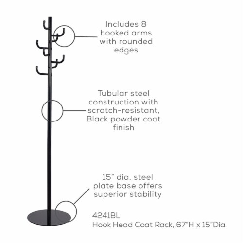 Safco Hook Head Coat Rack - 8 Hooks - for Coat, Jacket, Purse, Hat, Garment - Tubular Steel - Black - 1 Each