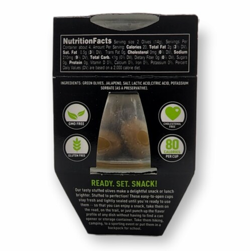 Mario 50g Jammin' Jalapeño Stuffed Green Olive Snack Cups (18 per case) Perspective: top
