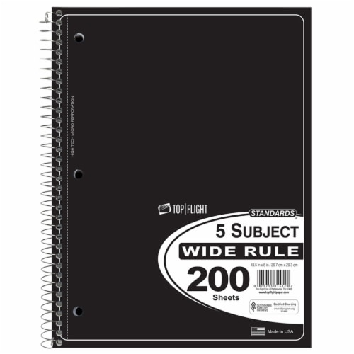 Top Flight Wide Rule 5-Subject Notebook - 200 Sheets - Assorted Perspective: top