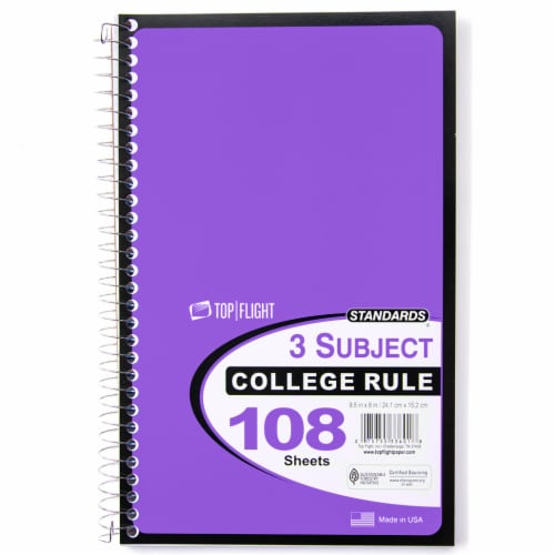 Top Flight College Rule 3-Subject Notebook - 108 Sheets - Assorted Perspective: top