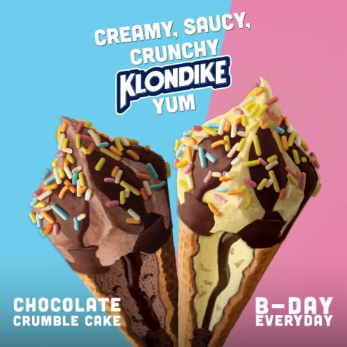 Klondike Frozen Dairy Dessert Cones,B-Day Every Day & Chocolate Crumble ,230 Calories per Cone, 8 Ct Perspective: top