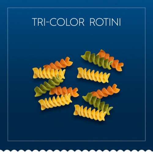 Barilla Blue Box Tri-Color Rotini Non-GMO Certified & Kosher Pasta Perspective: top