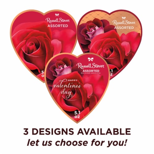 RUSSELL STOVER Valentine's Day Romantic Roses Assorted Milk & Dark Chocolate Heart Gift Box Perspective: top