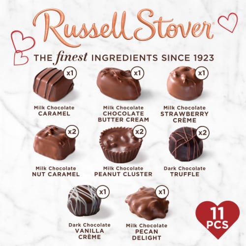 RUSSELL STOVER Valentine's Day Sequin Heart Assorted Milk & Dark Chocolate Gift Box Perspective: top