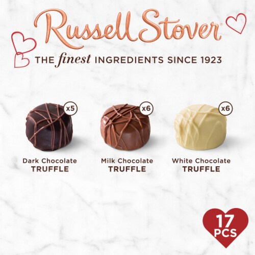 RUSSELL STOVER Valentine's Day Fabric Heart Milk, Dark & White Chocolate Truffle Candy Gift Box Perspective: top