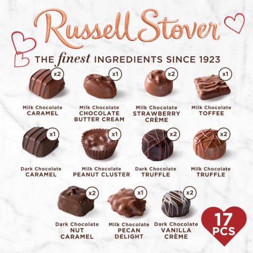 RUSSELL STOVER Valentine's Day Rose Gold Assorted Milk & Dark Chocolates Heart Gift Box Perspective: top