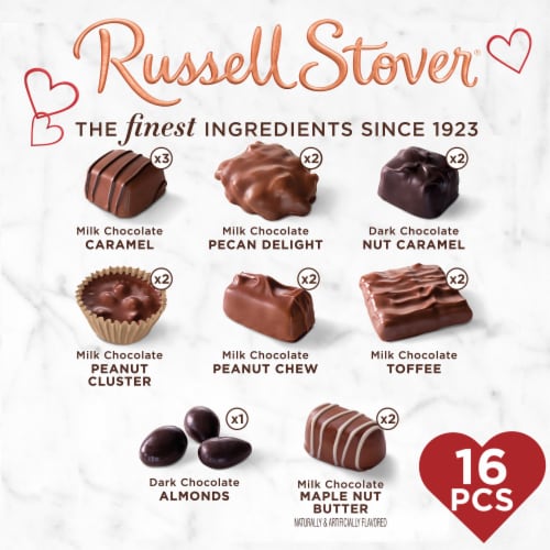 RUSSELL STOVER Valentine's Day Assorted Caramels & Nuts Milk & Dark Chocolate Candy Gift Box Perspective: top