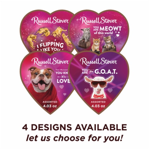 RUSSELL STOVER Valentine's Day Pet Meme Heart Assorted Milk & Dark Chocolate Gift Box Perspective: top