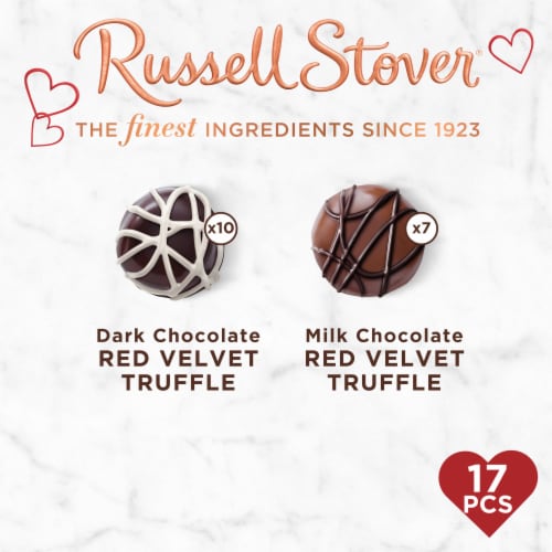 RUSSELL STOVER Valentine's Day Red Velvet Truffle in Milk & Dark Chocolate Heart Gift Box Perspective: top
