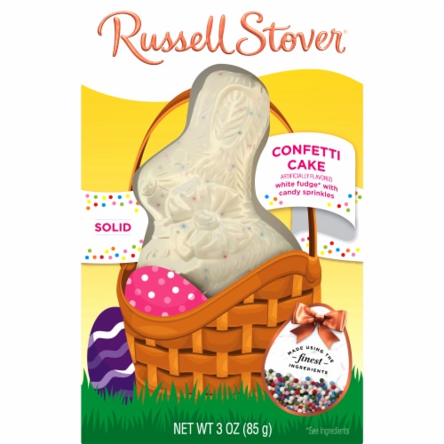 RUSSELL STOVER Easter Bunny Solid White Fudge Confetti Cake Candy Rabbit Perspective: top