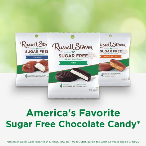 RUSSELL STOVER Sugar Free Dark Chocolate Mint Patties Candy, 2 oz bag Perspective: top