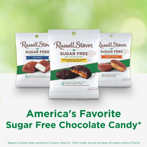 RUSSELL STOVER Sugar Free Dark Chocolate Pecan Delight Candy, 2.4 oz. bag Perspective: top
