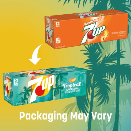 7UP Tropical Caffeine Free Lemon Lime Mango Peach Soda Cans Perspective: top