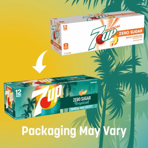 7UP Tropical Zero Sugar Caffeine Free Lemon Lime Mango Peach Soda Cans Perspective: top