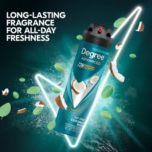 Degree Men Antiperspirant Deodorant Dry Spray Coconut Rush Men With Body Heat Activated Technology Perspective: top