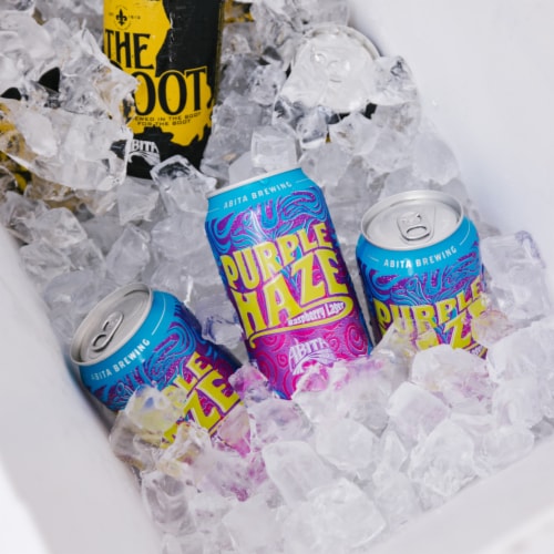 Abita® Brewing Purple Haze Raspberry Lager Cans Perspective: top