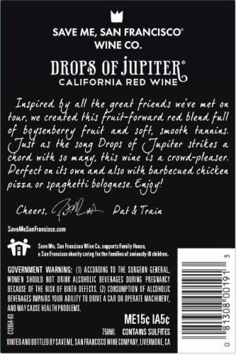 Save Me San Francisco Wine Co. Drops of Jupiter California Red Wine Perspective: top