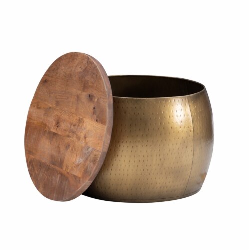 Linon Reid Metal Drum Table with Storage in Brass Perspective: top