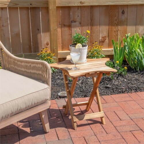 Linon Westover Wood Outdoor Folding Table in Natural Brown Perspective: top