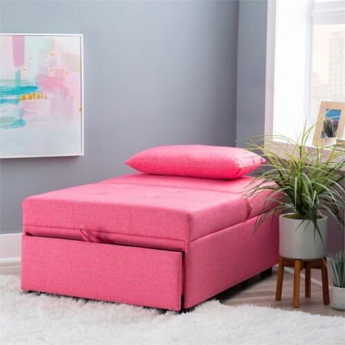 Linon Boone Upholstered Convertible Sofa Bed in Hot Pink Perspective: top
