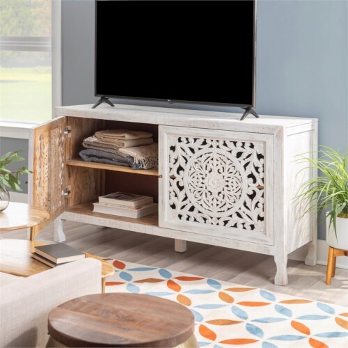 Linon Micah Two Door Wood Cabinet in Washed White Perspective: top