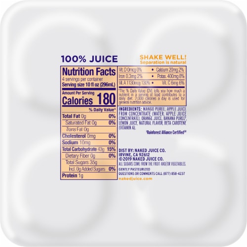 Naked® Juice 100% Juice Fruit Smoothie Mighty Mango 4 Count Perspective: top