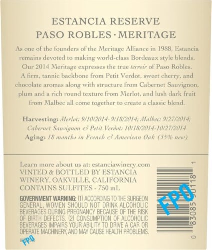 Estancia Reserve Paso Robles Meritage Red Blend Perspective: top