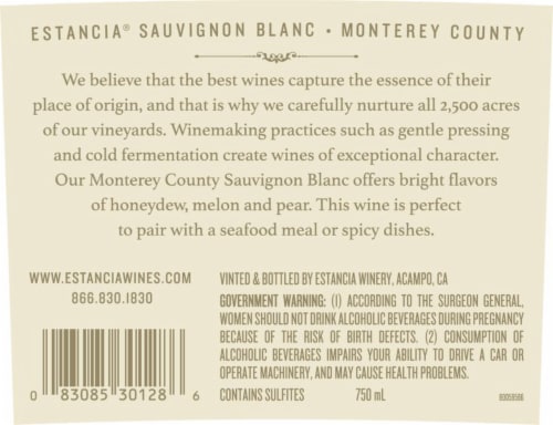 Estancia Sauvignon Blanc California White Wine Perspective: top