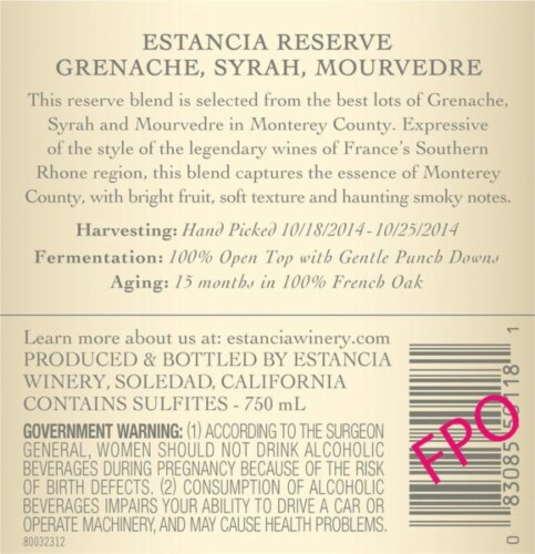 Estancia Reserve Grenache Syrah Mourvedre Red Wine Perspective: top