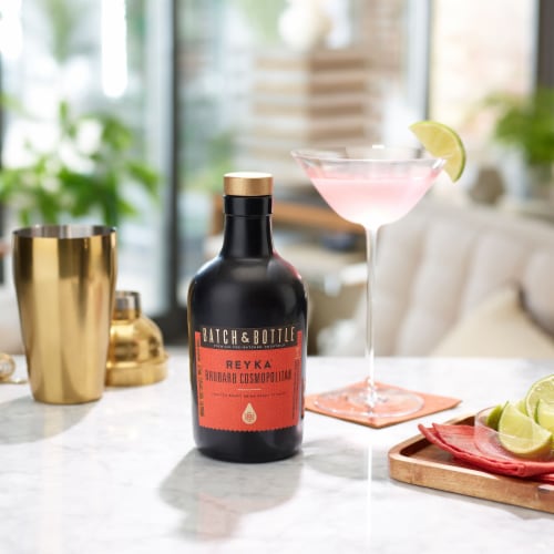 Batch & Bottle Reyka Rhubarb Cosmopolitan Ready to Drink Cocktail Single Bottle Perspective: top