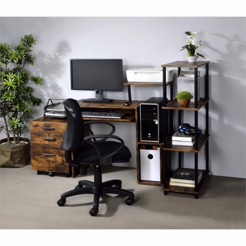 ACME Lyphre Wooden Top Computer Desk in Weathered Oak and Black Perspective: top