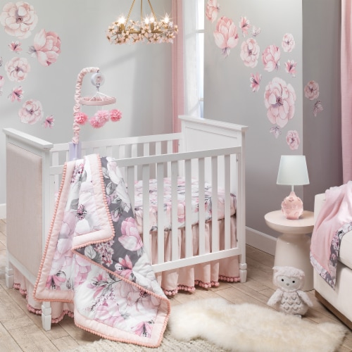 Lambs & Ivy Signature Botanical Baby Watercolor Floral Pink Crib/Toddler Quilt Perspective: top