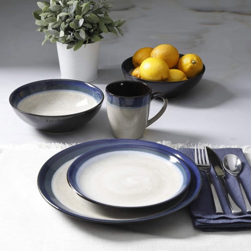 Gibson Elite Couture Band Durable Glazed Stoneware 16 Piece Dinnerware Set, Blue Perspective: top