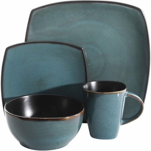 Gibson Elite Soho Lounge 16 Piece Plates, Bowls, & Mugs Dinnerware Set, Teal Perspective: top