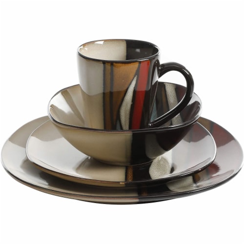 Gibson Elite 16 Piece Reactive Glaze Dinnerware Plates, Bowls, and Mugs, Red Perspective: top