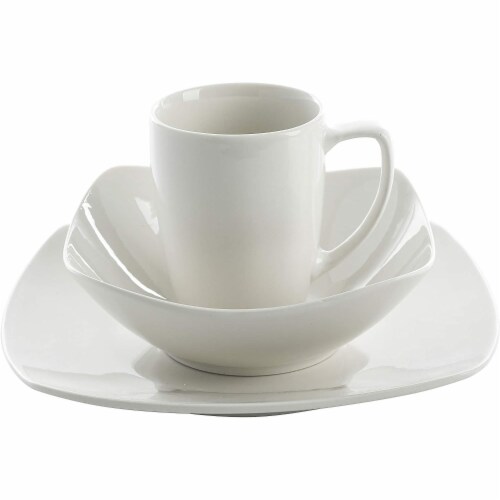 Gibson Zen Buffetware 12 Piece Square Dinnerware Plate, Bowl, & Mug Set, White Perspective: top