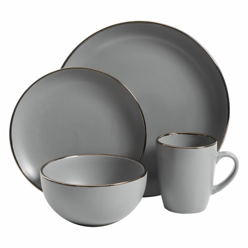 Gibson Home Rockaway Round Stoneware Dinnerware, Service for 4, Grey w/ Gold Rim Perspective: top