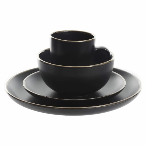 Gibson Home Rockaway Round Stoneware Dinnerware, Set of 16, Black with Gold Rim Perspective: top
