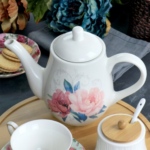 Martha Stewart White Floral Ceramic Tea Pot Perspective: top