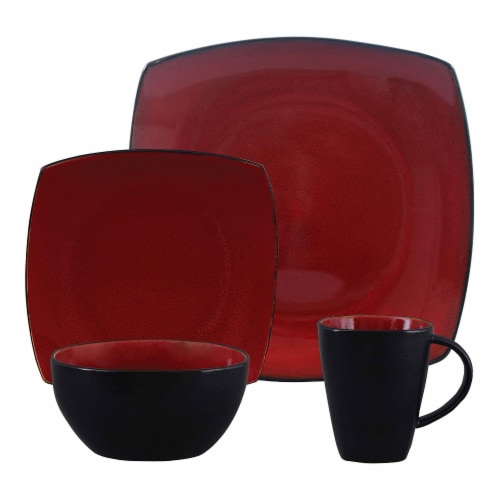 Gibson Soho Lounge 16 Piece Reactive Glaze Dinnerware Plates, Bowls, & Mugs, Red Perspective: top