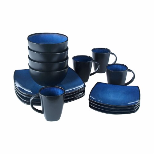 Gibson Elite Soho Lounge 16 Piece Plates, Bowls, & Mugs Dinnerware Set, Blue Perspective: top