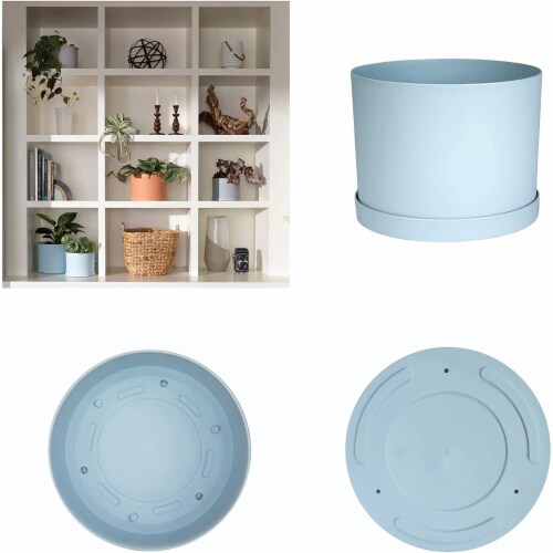 Bloem Mathers Planter w/Saucer Tray Misty Blue Garden Plater, White, 8 Perspective: top