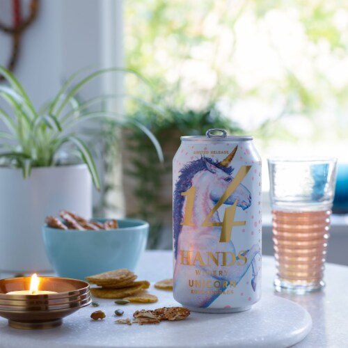 14 Hands Unicorn Rosé Bubbles Washington Rosé Sparkling Wine Can Perspective: top