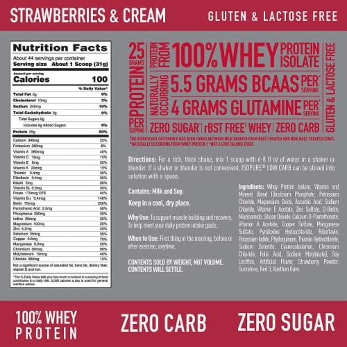 Isopure, Zero Carb 100% Whey Protein Isolate, 25g Protein Powder, Strawberries & Cream, 3 lb Perspective: top
