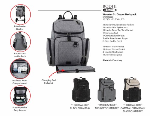 Bodhi Baby Wooster Street Diaper Backpack - Mid-grey Chambray Perspective: top