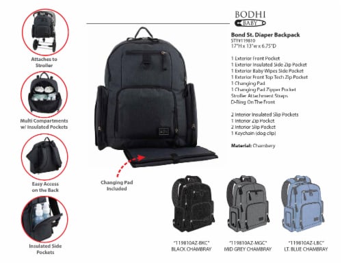Bodhi Baby Bond Street Diaper Backpack - Black Chambray Perspective: top