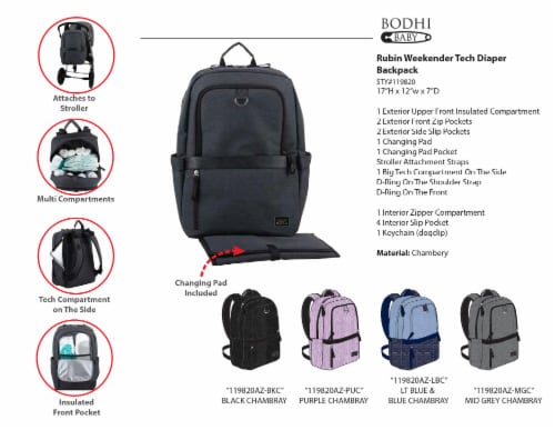 Bodhi Baby Rubin Weekender Tech Diaper Backpack - Purple Chambray Perspective: top