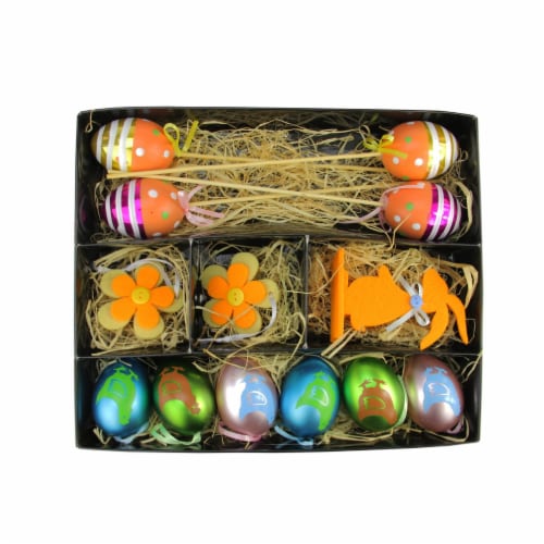 Northlight Set of 13 Vibrantly Colored Easter Egg, Flower and Bunny Spring Decorations 10 Perspective: top